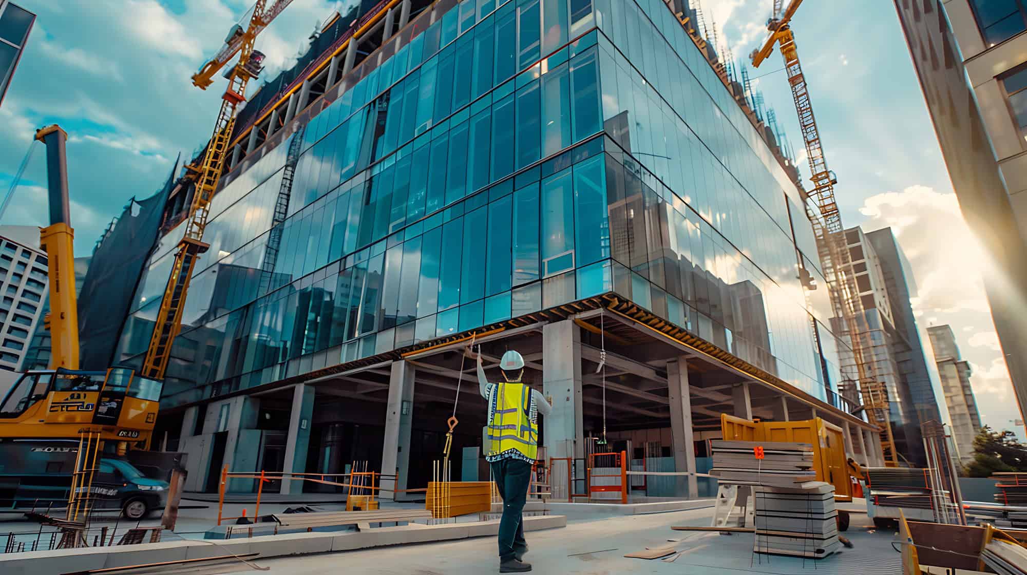Construction worker overlooking a modern building under construction with cranes