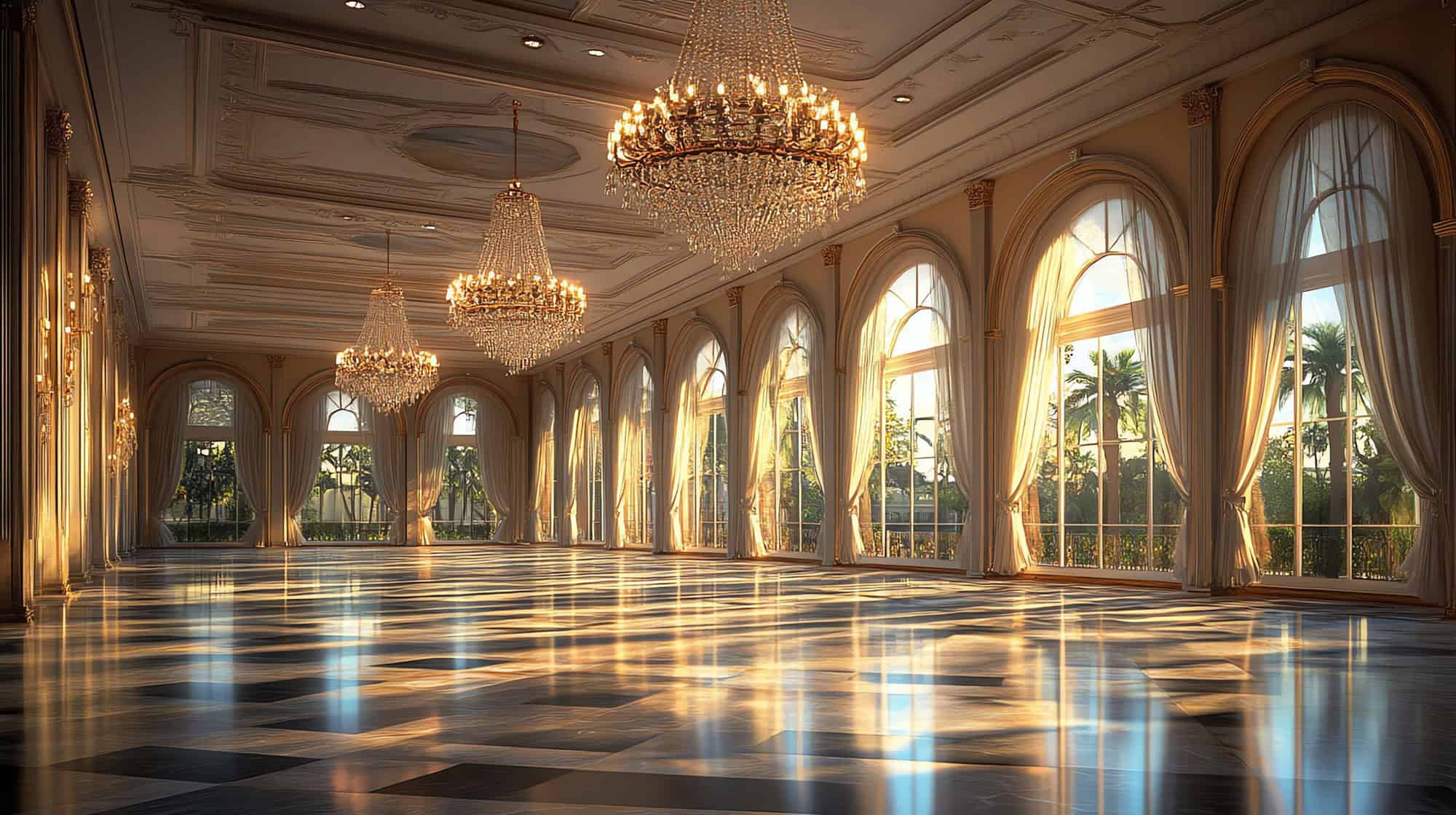 Empty grand ballroom with large windows and chandeliers