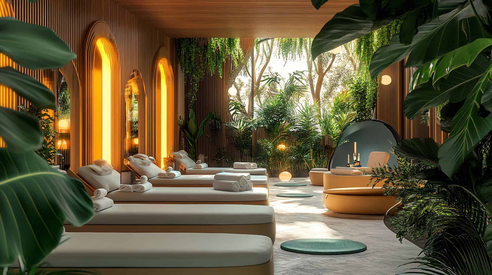 Relaxing spa interior with lounge chairs and tropical plants